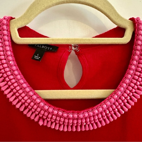 Talbots bright red cotton sweater with contrasting pink bead embellishments. - Picture 2 of 5